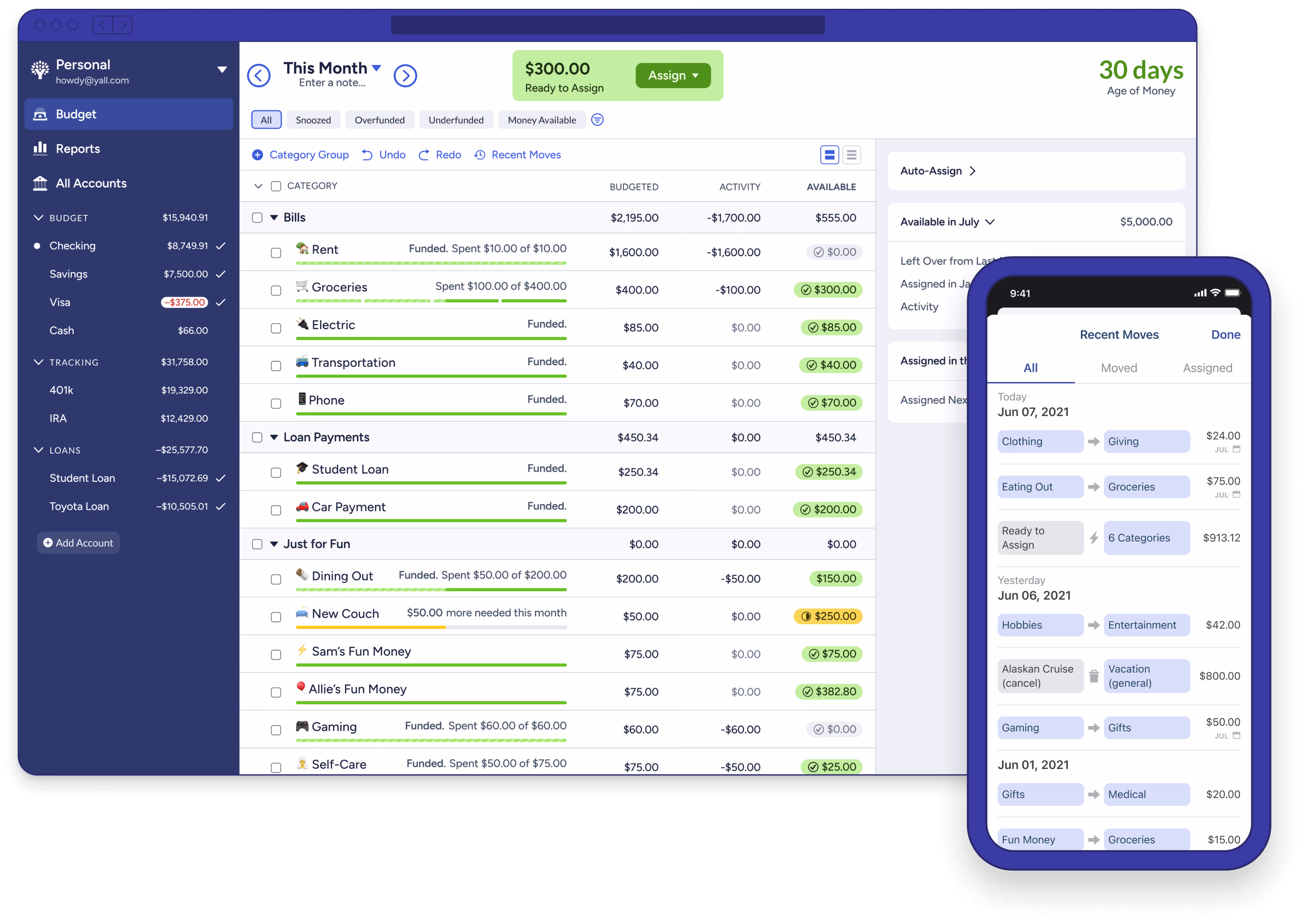 A view of the budget page in a web browser and the recent money moves history in a mobile device